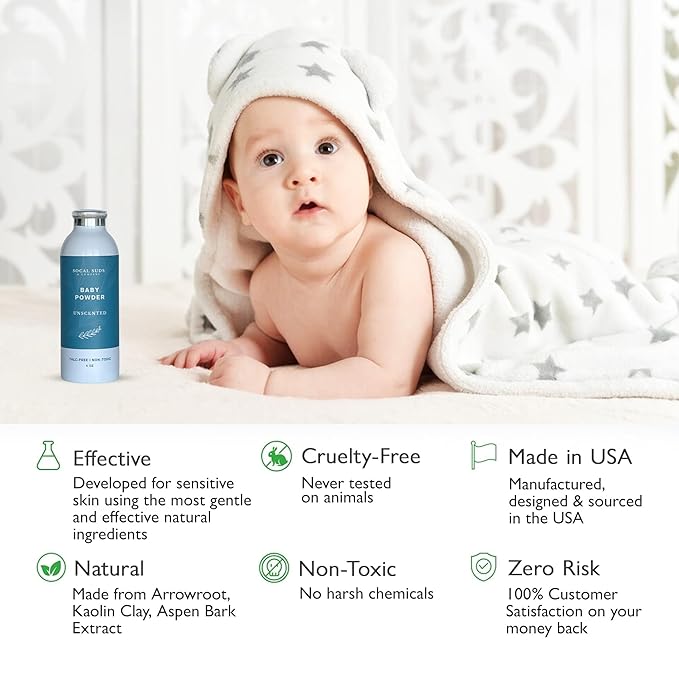 SoCal Suds & Company - Natural Baby Powder - Talc-Free Formula with Arrowroot, Kaolin, Aspen Bark Extract for Soft Soothing Sensitive Skin - Gentle Absorption - Fragrance Free, 4oz, 2-Pack