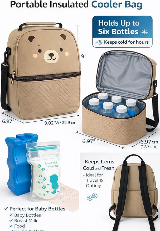 breast milk cooler travel bag with an exclusive and delicate design, five Breastmilk Storage Bags are included with your cooler bag, baby bag, baby bottle bag,