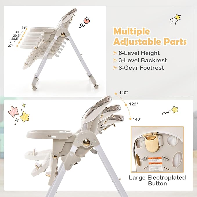 HONEY JOY Baby High Chair, Foldable High Chairs for Babies and Toddlers, Adjustable Heights, Recline Backrest & Footrest, Double-Layer Tray & Cushion, Portable Infant Highchair with Wheels (Gray)