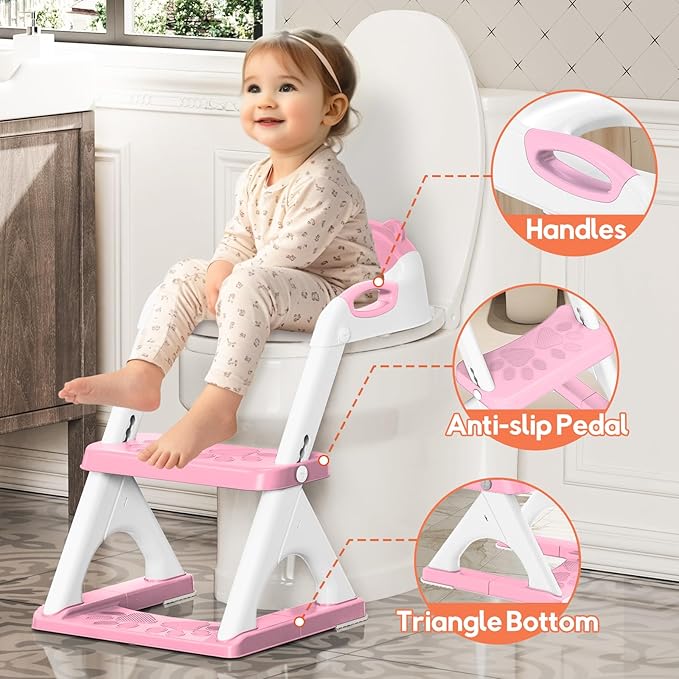 Potty Training Seat with Step Stool Ladder, Toddler Toilet Seat for Boys Girls, Adjustable 6 Heights Fits Round & Elongated Toilets, Anti-Slip Pads & Leak-Proof Guard