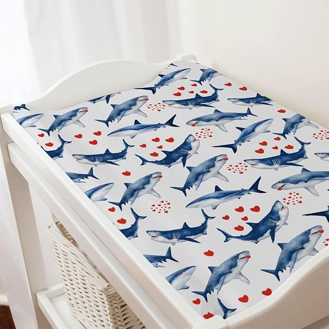 Sea Shark Hearts Changing Pad Cover Marine Ocean Animal Shark Love Baby Change Table Pad Cover for Boys Girls Soft Stretchy Fitted Diaper Changing Mat Sheets 32''x16''
