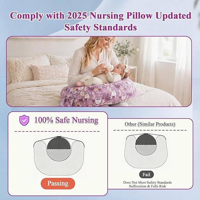 Nursing Pillow & Breastfeeding Pillow with Safety Buckle - Upgraded Design, Large Size for Tummy Time & Sitting Support, Breathable Washable Cover (0-12 Months)