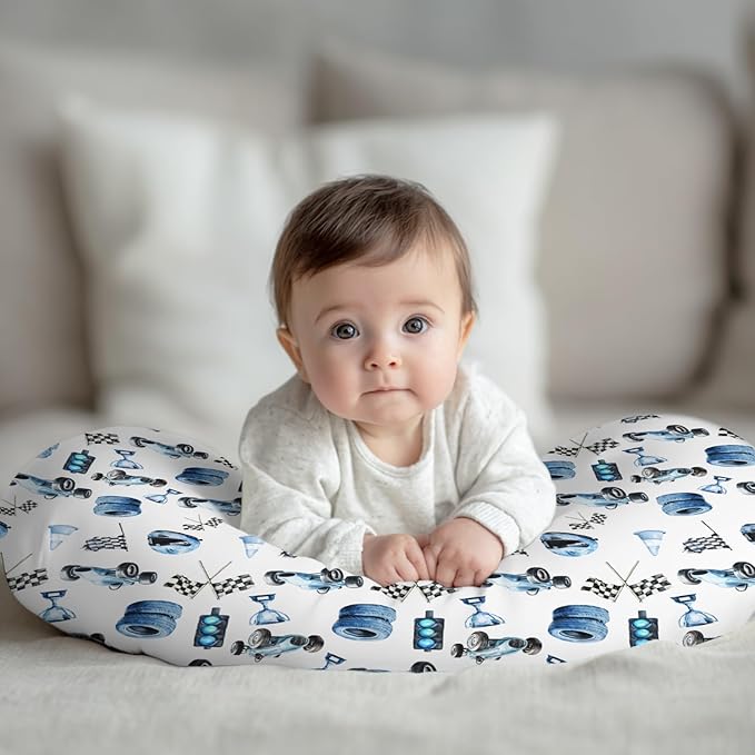 Cute Race Car Flag Nursing Pillow Cover Stretchy Removable for Baby Girls Boys Blue Races Vehicle Trophy Traffic Light Vehicles Pillow Slipcover for Breastfeeding Moms for Newborn Infant