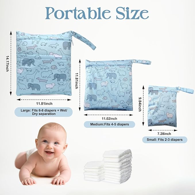 3 PCS Waterproof Wet Dry Bags, Reusable Wet Bags for Baby Diaper Swimsuit Breast Pump Parts, 3 Sizes Wet Clothes Bag with 2 Zippered Pockets, Leakproof Wetbags for Travel Pool Beach Essentials