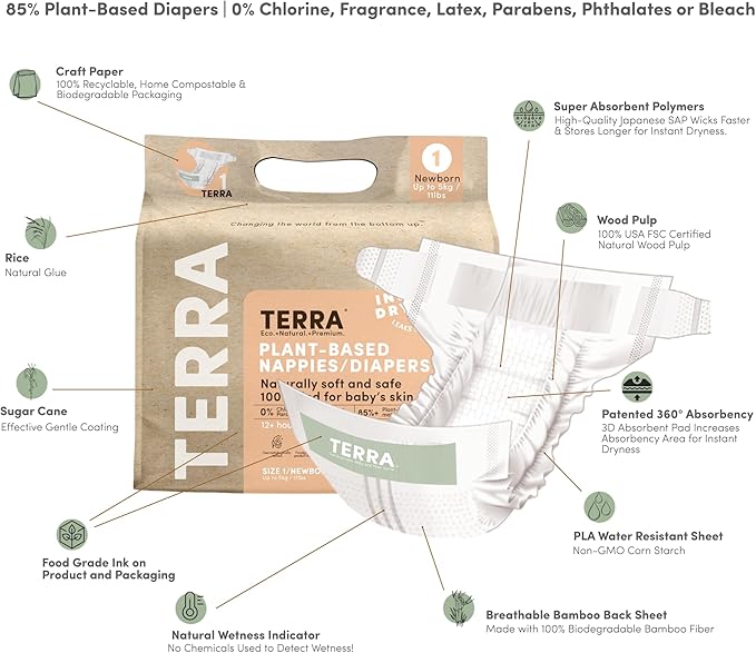 Terra Diapers Size 1: 85% Plant-Based Diapers, Ultra-Soft & Chemical-Free for Sensitive Skin, Superior Absorbency for Day or Nighttime Diapers, Designed for Newborns up to 11 Pounds, 192 Count