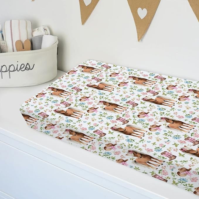 Baby Girls Changing Pad Covers Western Cowgirl Pony Floral, Horse Pink Flower Hat Boot Safe Snug Fitted Diaper Table Sheet, Soft Breathable Stretchy Change Mat Shower Gift Fit 32 34 x 16