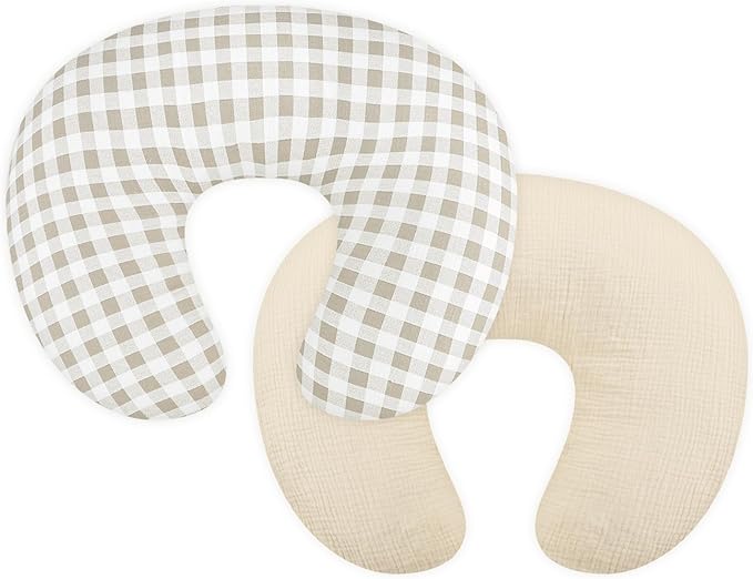 DILIMI Muslin Nursing Pillow Cover 2 Pack, Removable Nursing Cover for Breastfeeding Pillows, Ultra Soft Comfortable Slipcover for Baby Girl and Boy, Beige and Khaki Checkered