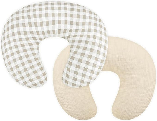 DILIMI Muslin Nursing Pillow Cover 2 Pack, Removable Nursing Cover for Breastfeeding Pillows, Ultra Soft Comfortable Slipcover for Baby Girl and Boy, Beige and Khaki Checkered