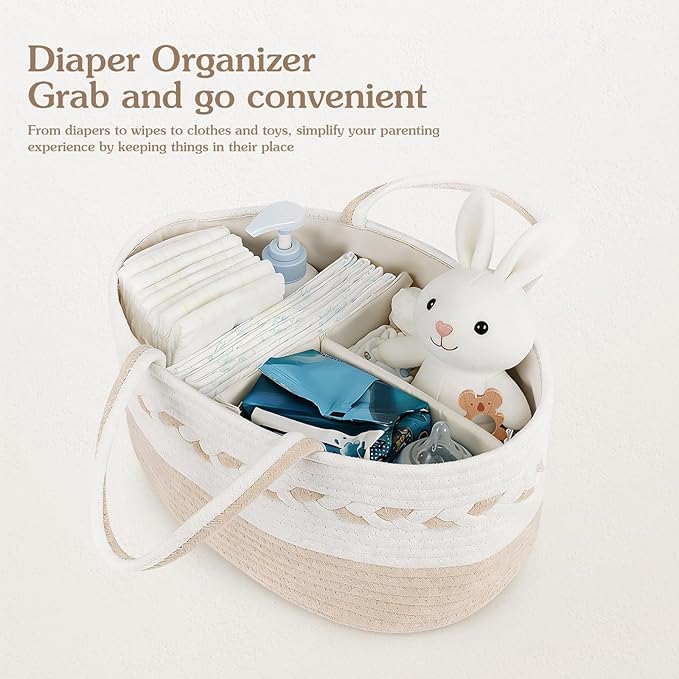 Diaper caddy Organizer, Cotton Rope Gift Basket with Removable Divider, Nursery Storage Organizer for Baby Essentials, Changing Table Diaper Storage Caddy (Brown)