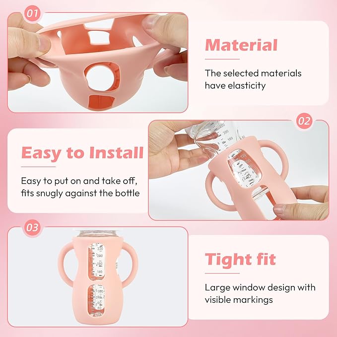 MINMUNJIU 3 Pack Silicone Sleeves for Philips Avent Natural Glass Baby Bottles, Anti Breakage Bottle Holder with Handle for Baby Girls, Compatible with Philips Avent Glass Natural Baby Bottle, 8oz