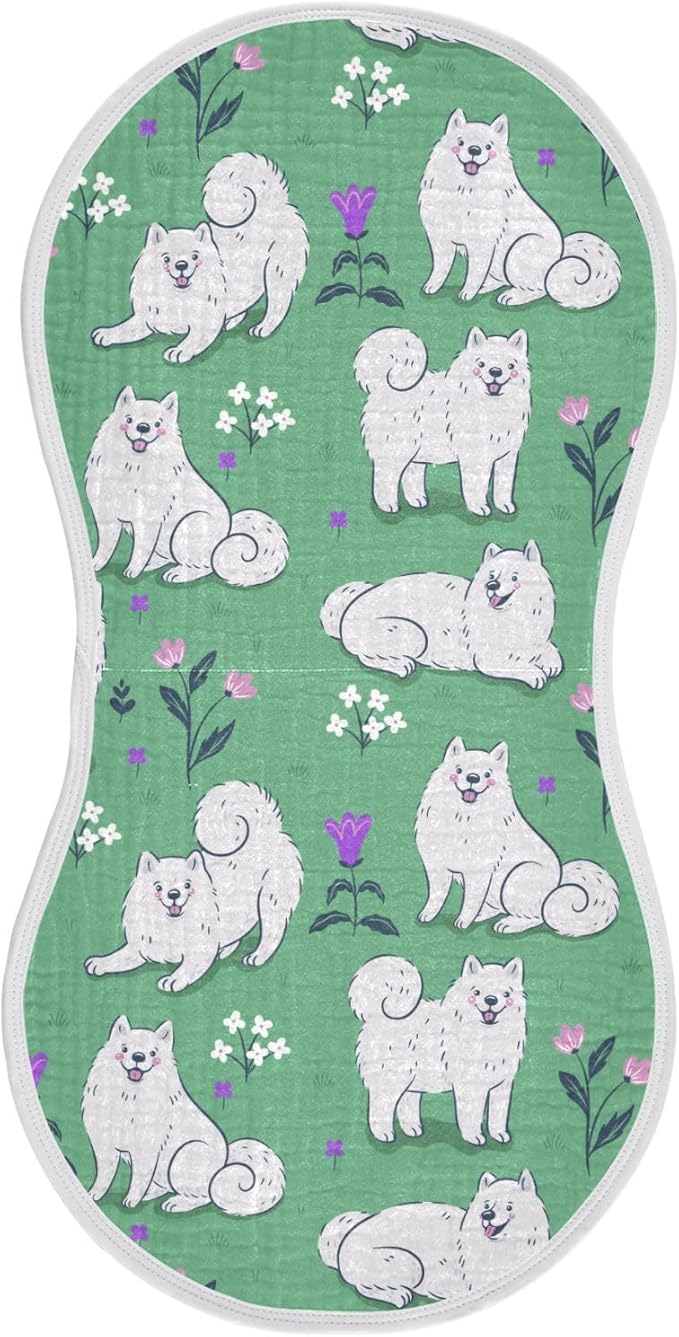 Muslin Burp Cloths for Baby Boys and Girls - 1-Pack Ultra Absorbent Cute Samoyed Dog Muslin Washcloths, Newborn Towel, Milk Spit Up Rags, Burp Cloth Bib for Unisex, 22 x 11 Inch