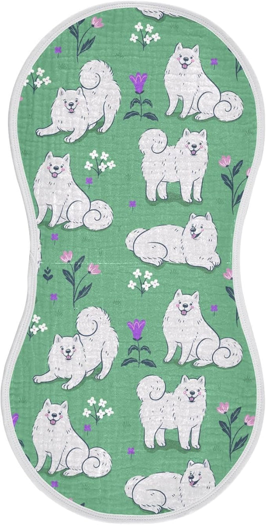 Muslin Burp Cloths for Baby Boys and Girls - 1-Pack Ultra Absorbent Cute Samoyed Dog Muslin Washcloths, Newborn Towel, Milk Spit Up Rags, Burp Cloth Bib for Unisex, 22 x 11 Inch