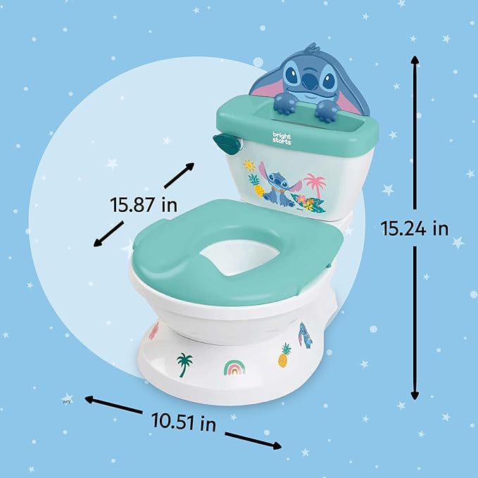 Bright Starts Disney Junior Stitch My Size Potty Training Toilet, Toddler Potty Chair with Flushing & Cheering Sounds, Removable Seat with Splash Guard & Handles, Ages 18+ Months, Up to 50 lbs