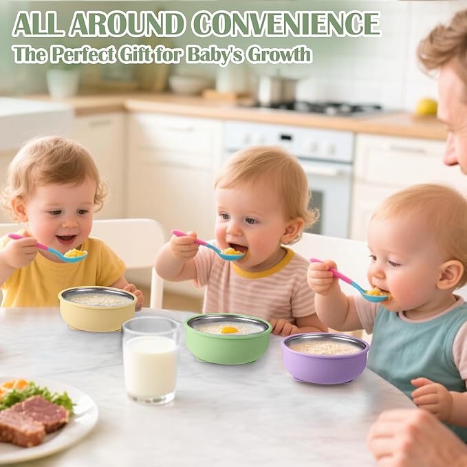 Mity rain 4-Pack Baby Bowls with Suction,Stainless Steel Toddler Bowl with Removable Silicone Shell, Non-Slip Unbreakable babies bowls with silicone suction & Kids Bowls for Baby Food Feeding