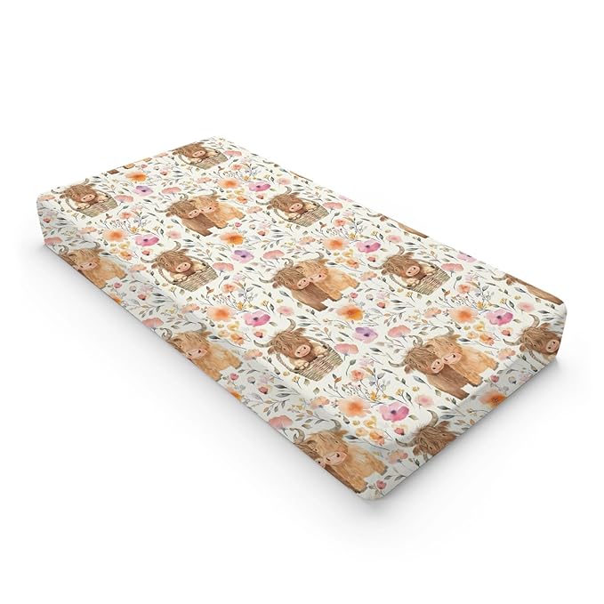 Cartoon Highland Cow Flowers Floral Baby Changing Pad Cover,Unisex Western Farm Animals Cow Nursery Diaper Changing Table Pad Mat Sheet for Boys Girls-16x32