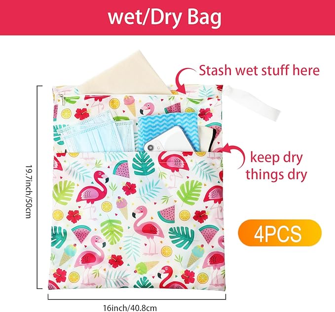 Frienda 4 Pcs Large Waterproof Wet Dry Bag for Baby Swimsuit 20x16 inches Reusable Washable Travel Diaper Bag Sealed with Handle for Travel Beach Gym Clothes and Toiletries Pool(Hawaii Style)