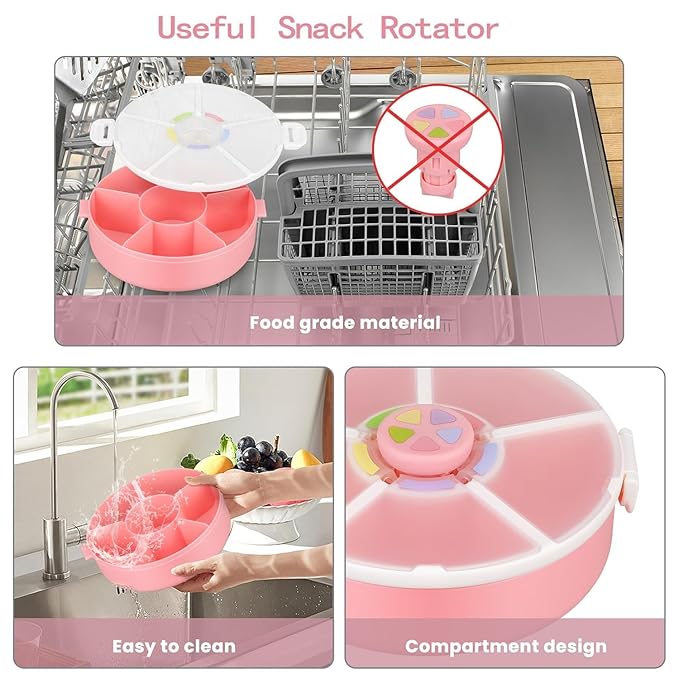Pawtong Snack Rotator Container Reusable Snack Box with 5 Compartment Dispenser and Lid, Color Matching Opening Lid, BPA and PVC Free, for Home, School, Travel (1 Pack- Pink)