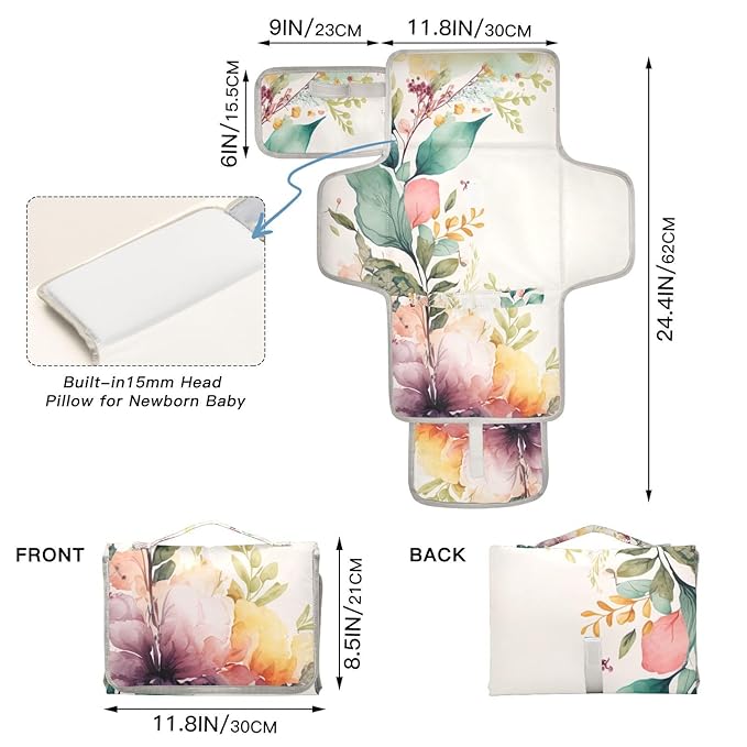 AIXIWAWA Elegant Flowers Baby Changing Pads, Portable Diaper Changing Mat Changing Station with Built in Pillow & Waterproof for Newborn Girl & Boy