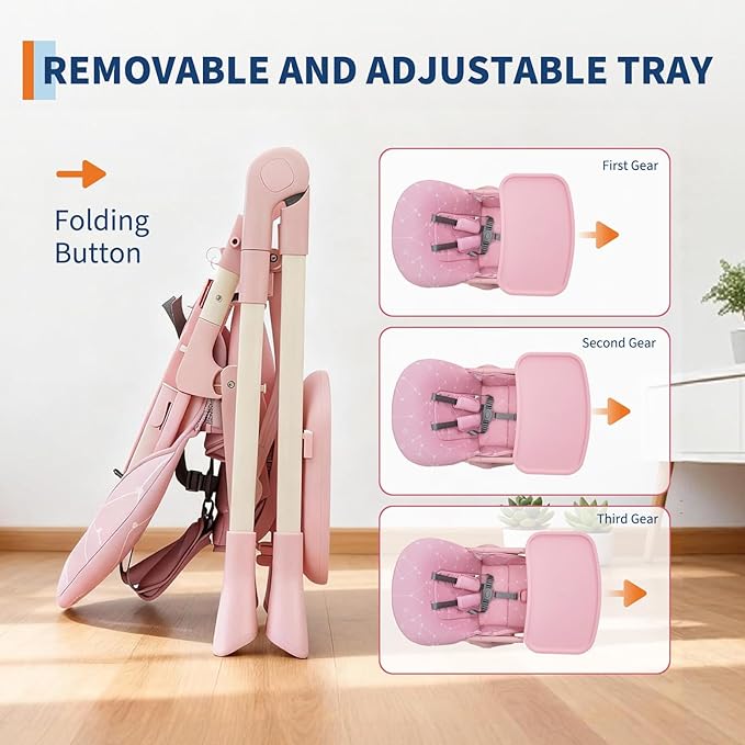 Baby High Chair, Foldable Feeding Chairs for Babies and Toddlers, Adjustable Height/Backrest/Footrest, Removable Tray, Fast Folding Pink