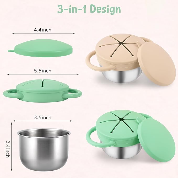 Stainless Steel Snack Containers with Lids, Snack cups with Silicone Food Catcher for Toddlers (Color 3)