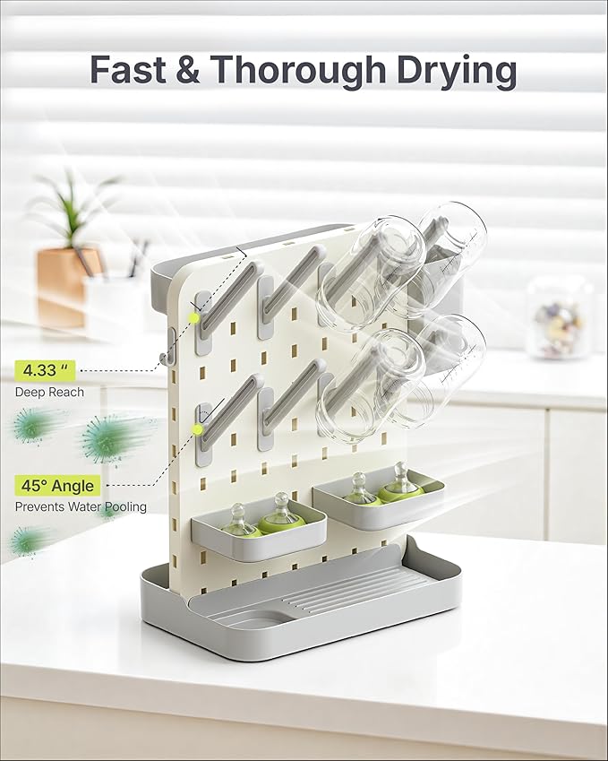 DIY Baby Bottle Drying Rack, Holds 12 Bottles, Space-Saving for Small Kitchen Counters, Modular Bottle Dryer with Removable Rods & Baskets, BPA-Free Countertop Organizer for Baby Feeding Essentials