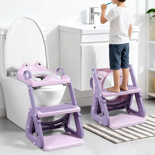 Orzbow Frog Potty Training Seat, Toddler Toilet Seat with Step Stool Ladder, 2-in-1 Potty Training Toilet Essentials for Boys Girls, Adjustable Height, Non-Slip Step and Splash Guard Design, Pink