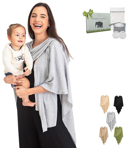Set Premium Breast Feeding Covers for Women of All Body Types: Ultra Soft Stylish and Breathable Nursing Cover up for Breastfeeding + 4 Reusable Breast Pads for Nursing Comfort (Moonstone Gray)