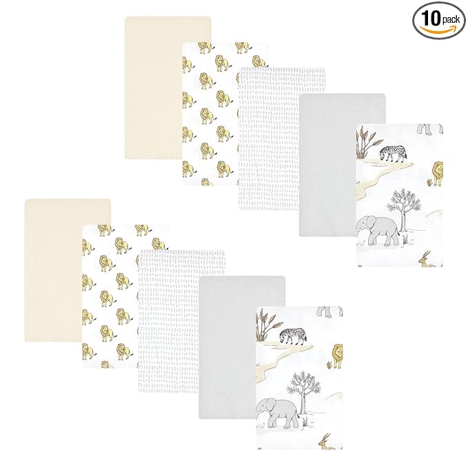 Hudson Baby Unisex Baby Cotton Flannel Burp Cloths 10-Pack, Neutral Safari World, One Size