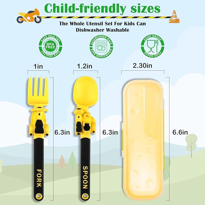 Construction Utensils for Toddlers - Motorcycle Toddler Forks - for Utensils Gift - Forks and Spoons Silverware Set - Ideal for School Lunch, Travel, Outdoors - Yellow