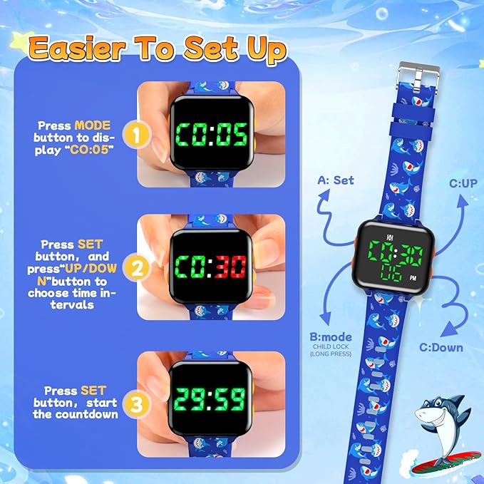Potty Training Watch for Toddler Boys: Adjustable Volume Potty Watches for Kids Water Resistant Toilet Timer Alarm Toddler Shark Watch 1-3 Birthday Gifts for 2 3 4 Year Old Boy(Dark Blue)