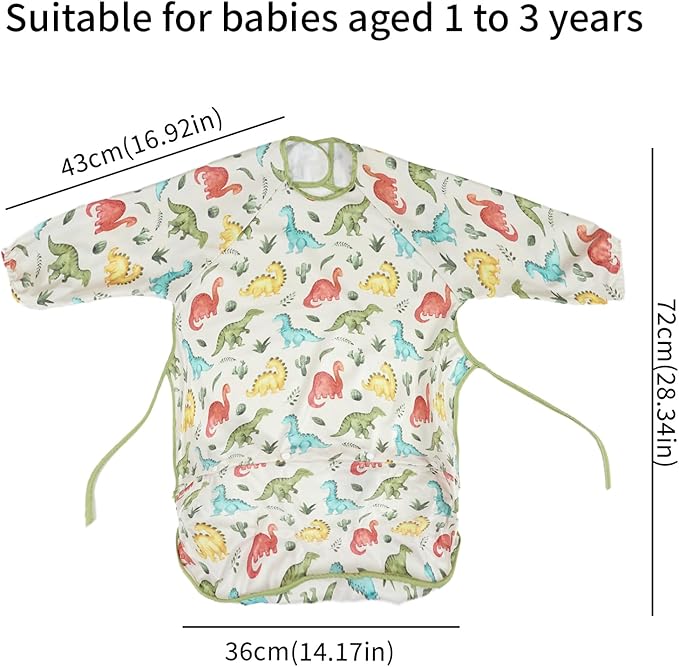 2-Pack Long Sleeve Baby Bib,Coverall Baby Bibs for Eating,Waterproof,Attaches to Highchair&Table,Ages 1 to 3 Years