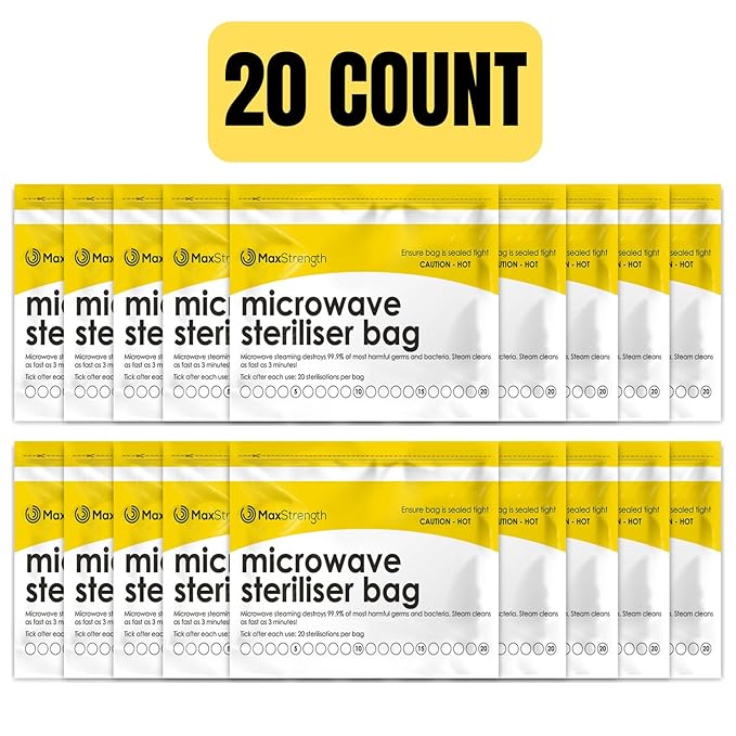 Max Strength Pro Microwave Steam Sterilizer Bags 20pc for Baby Bottles, Soothers, Teethers, Breast Pump Parts, Training Cups, Accessories, Reusable Large Bags, 20 Uses Per Bag, Easy Tracking System