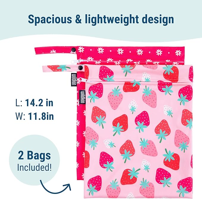 Wildkin Wet Bag Set for Boys, & Girls – Durable Zipper with Snap Loop Handle, Reusable Water-Resistant Bags for Beach, Pool, Travel & Gym - Strawberry Patch