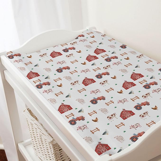 Watercolor Farm Animals Changing Pad Cover Retro Barn Chicken Pig Hen Duck Windmill Tractor Diaper Change Table Cover Sheets for Boys Girls Soft Stretchy Fitted Changing Mat Sheets 32''x16''