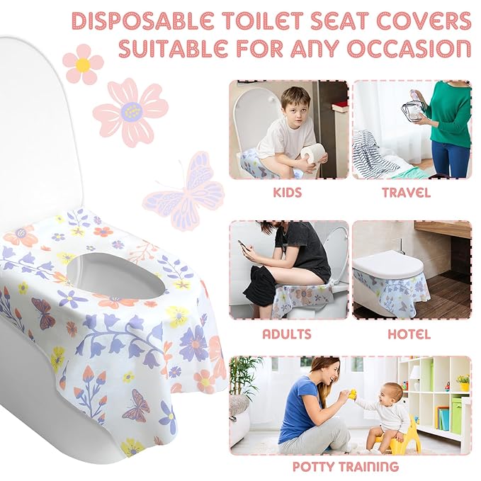 Preboun 40 Pack Toilet Seat Covers Disposable for Kids Extra Large Waterproof Toilet Seat Covers Toddler Potty Training Liners Individually Wrapped for Travel Public Restroom Essentials, Flower Design