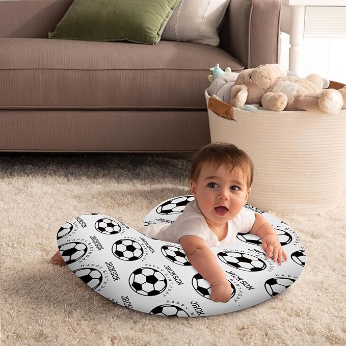 Baby Nursing Pillow Cover - Personalized Name White Soccer Theme Breastfeeding U-Shaped for Bottle Feeding, Ultra Soft Comfortable Breastfeeding Pillow Cover for Infant Baby Boys and Girls