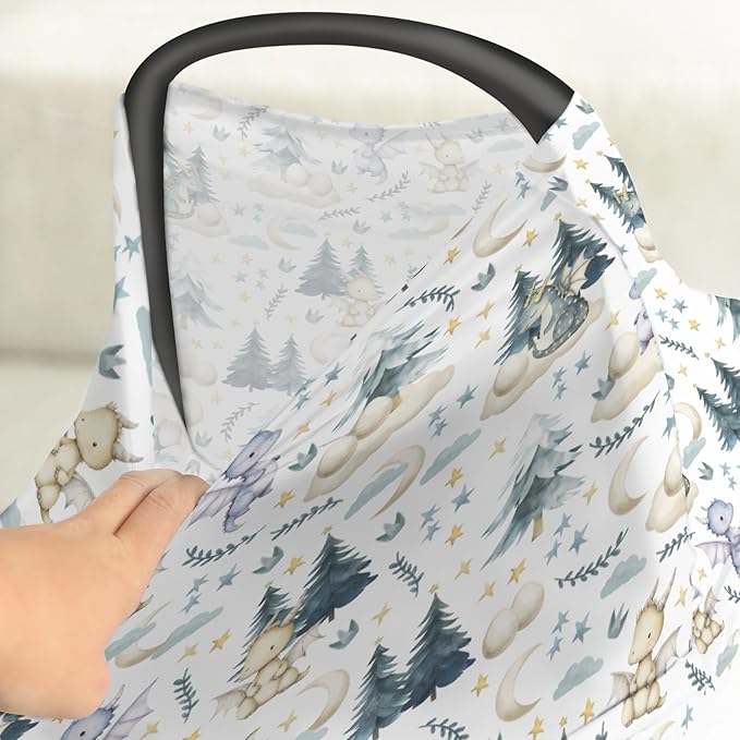 Fairytale Dragons Car Seat Cover for Babies Cute Dragon Moon Stars Clouds Trees Eggs Stretchy 5-in-1 Cover Adjustable Car Canopy Breastfeeding Cover Fantasy Animal Breathable Nursing Cover-Up