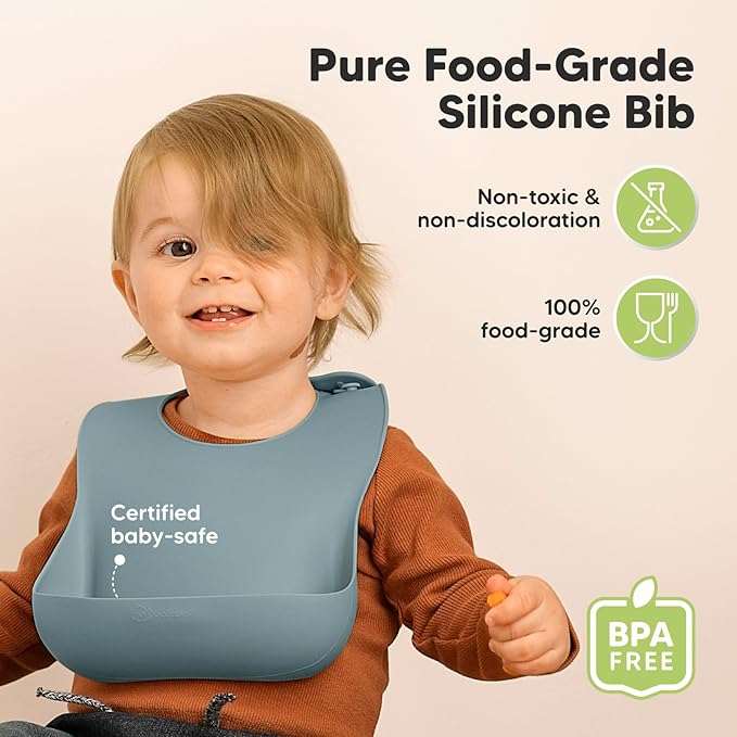 KeaBabies 2-Pack Silicone Bibs for Babies, Toddlers Girl, Boy – Sturdy Food-Grade Baby Bibs for Eating, Large Food Catcher, Clean & Put On Easily, Waterproof Toddler Feeding Essentials (Alps)