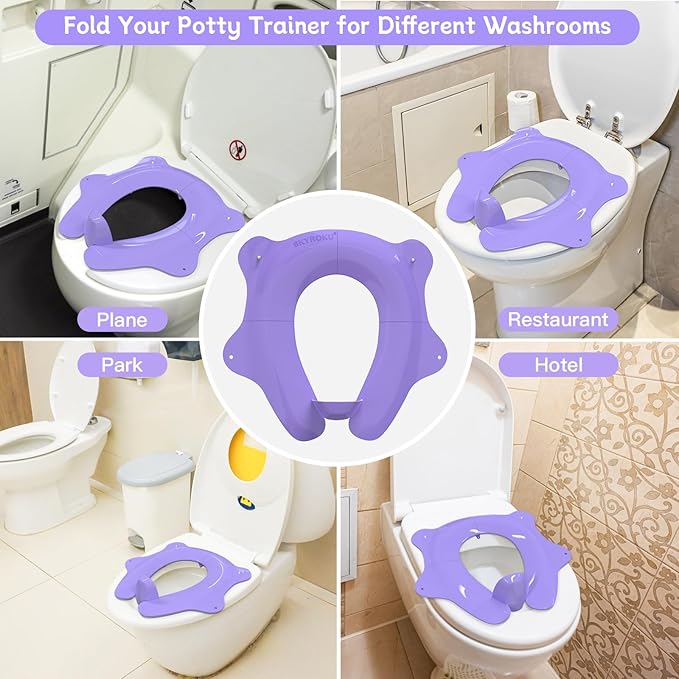 Foldable Travel Potty Seat for Toddler, Portable Toilet Training Seat for Kids on The Go, Fits Round & Oval Toilets with Non-Slip Base & Travel Bag for Car Airplane Essentials, Purple