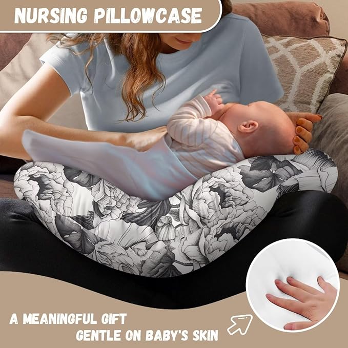 Vintage Flower Nursing Pillow Support Cover, Retro Floral Detachable Nursing Pillow Protective Case, Sketch Art Soft Infant Nursing Pillow Cover
