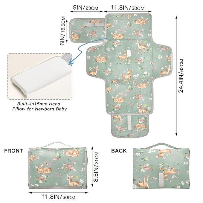Deer Portable Diaper Changing Pad with Wipes Holder, Woodland Fawn Foldable Baby Diaper Changer Travel Bag Forest Animals Baby Changing Mat with Built-in Pillow for Newborn