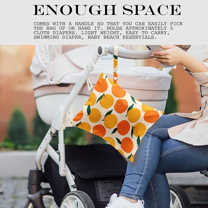 Wet Bag, Wet Dry Bag, Wet Bag for Swimsuit, Travel, Beach, Pool, Diapers, Dirty Yoga Gym Clothes, Makeup Bag, Waterproof Reusable Fruit Decor Orange Strawberry