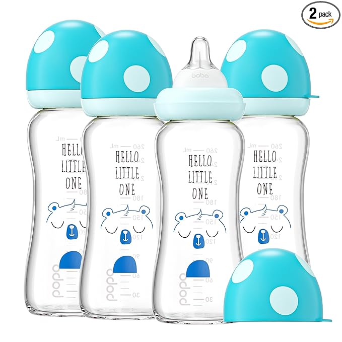 YOHKOH Natural Glass Baby Bottle with Level 2 Medium Flow Nipple, Newborn Anti-Colic Baby Bottles, Wide Neck Mushroom Baby Glass Bottle (8.8ounce (Pack of 4), Blue1)