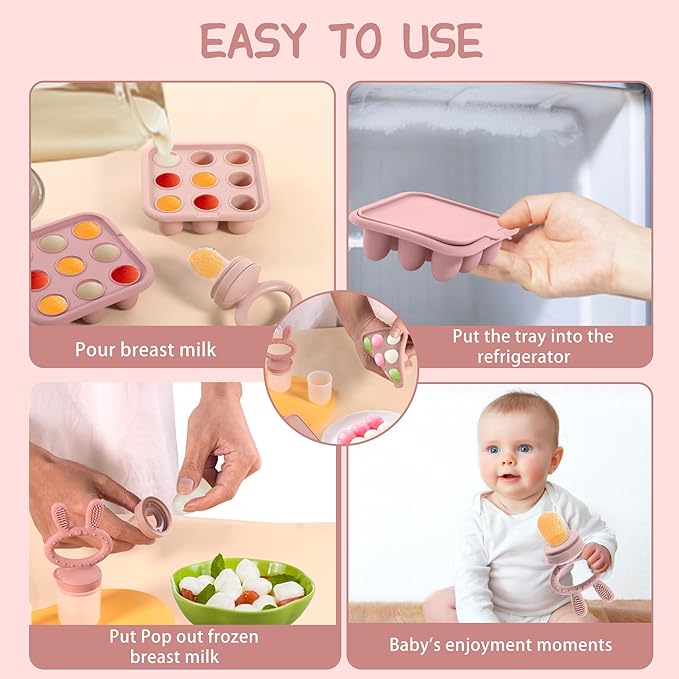 Baby Breastmilk Popsicle Molds & Baby Fruit Feeder (2 Pack), Baby Food Freezer Tray Storage Containers, Silicone Teething Pacifier Feeder and Teether for Babies,Baby Feeder-Pink