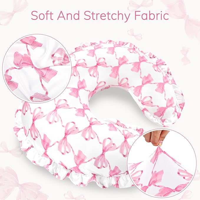 Ruffle Nursing Pillow Cover, Removable Stetchy Case for Breastfeeding Pillows, Ultra Soft and Breathable Feeding Pillow Slipcover with Modern Design Lace for Infant Girls Boys, Pink Bow