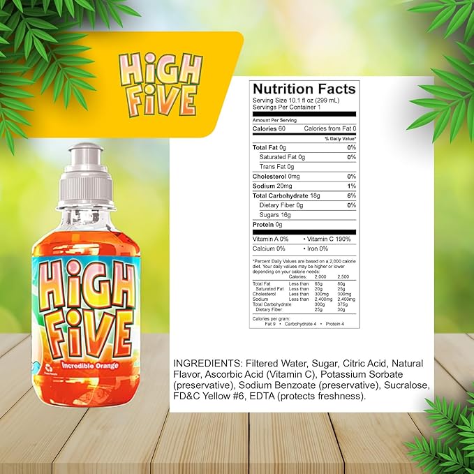 High Five Orange Juice Drink – 10.1 oz Bottles, Naturally Sweetened with Vitamin C, Low-Calorie Fruit Juice Beverages with Spill Proof Sports Cap (Pack of 24)