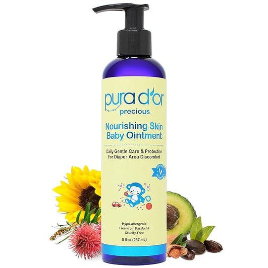 PURA D'OR Baby Ointment, 8 Oz, Moisturizing Balm for Sensitive Skin, Diaper Area, Dryness, Protective Barrier, Gentle Care, Jojoba, Almond, Sunflower, Avocado Oils, Beeswax, Vitamin E, Daily Comfort