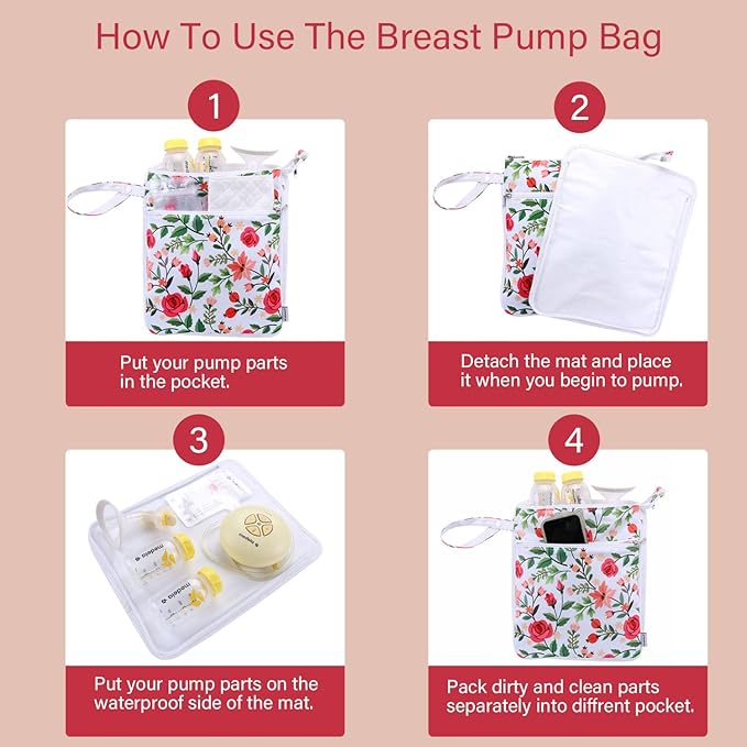 Breast Pump Bag Wet/Dry Bag with Preparation Place Mat, Waterproof Pump Parts Storage Bag for Moms Pumping at Work or Outdoors(Romantic flowers)