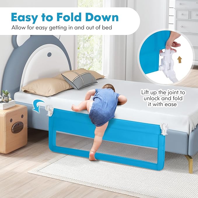 Costzon Bed Rail for Toddlers, 2 PCS Extra Long Swing Down Safety Bed Guards w/Straps for Convertible Crib, Kids Twin, Double, Full Size, Queen & King Bed, Folding Bed Rails for Baby (59-Inch, Blue)
