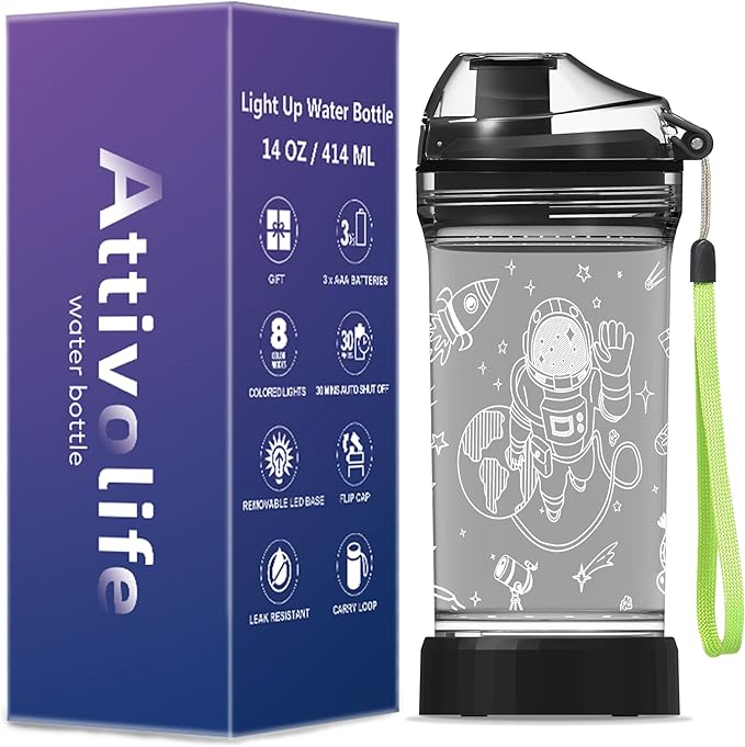 Attivolife Kids Water Bottle Light up Astronaut, Space Cup 3D Illusion Glowing Lamp-14 OZ Dino BPA Free Eco-Friendly Timer Function, Cool Unique Gifts for Boy Girl Toddler Camping Back to School